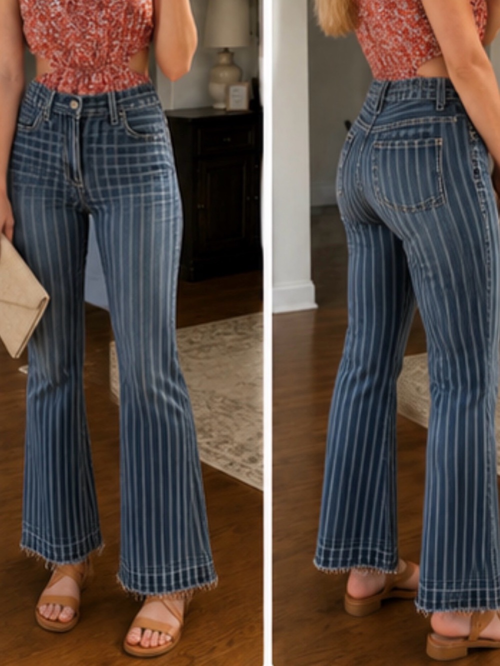 Rock & Roll Cowgirl Blue Stripe Flare Jeans Size 14 Raw Hem Stretch Denim